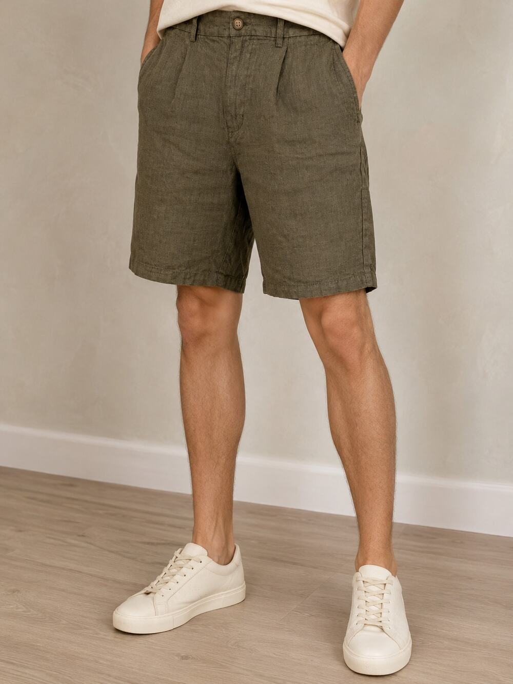 LR4308 Old Navy Slim Linen Blend Shorts Mens 34 Olive Green Flat Front Casual